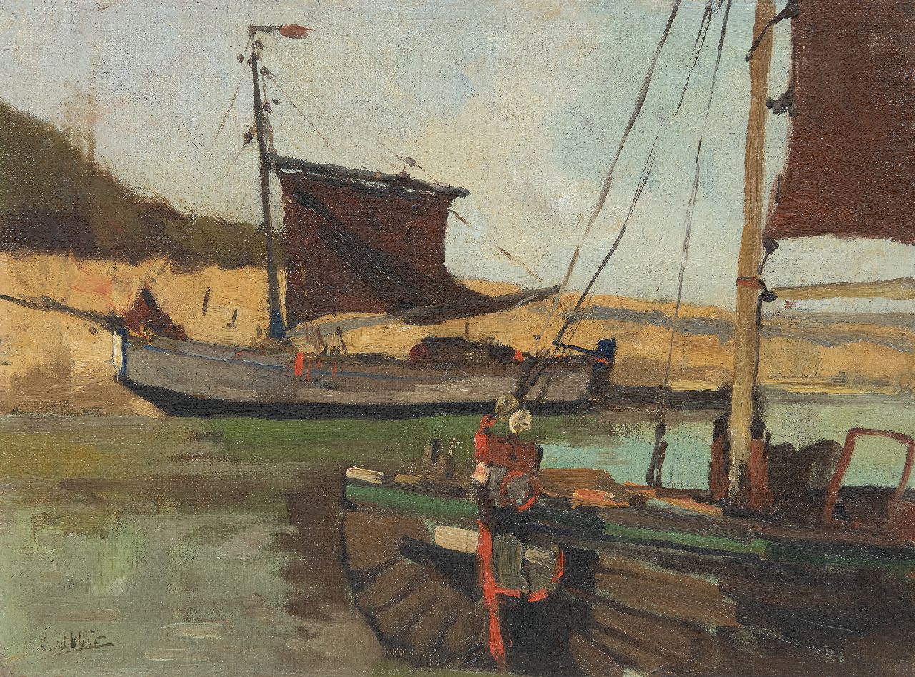 Vlist L. van der | Leendert van der Vlist | Paintings offered for sale | Fishing barges moored in a canal, oil on canvas laid down on panel 26.9 x 36.5 cm, signed l.l.
