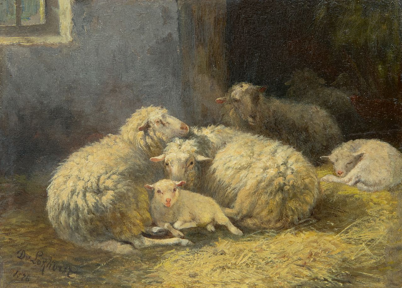 Lokhorst D. van | Dirk van Lokhorst, Sheep and lambs in a stable, oil on panel 18.0 x 24.7 cm, signed l.l. and dated 1876