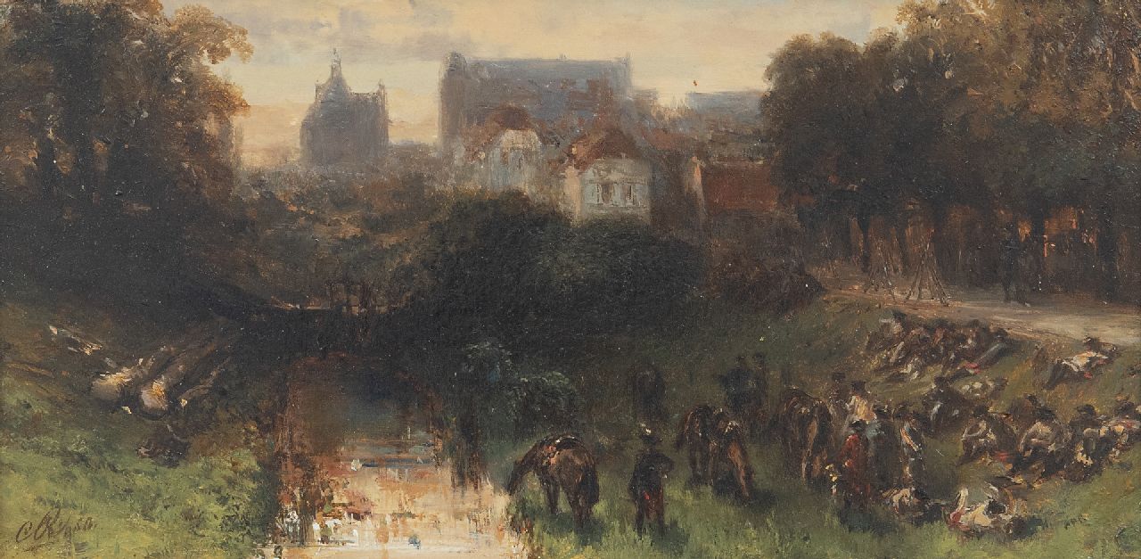 Rochussen Ch.  | Charles Rochussen, Resting French cavalrymen near a Dutch town, oil on panel 11.6 x 23.1 cm, signed l.l. with initials and dated '50