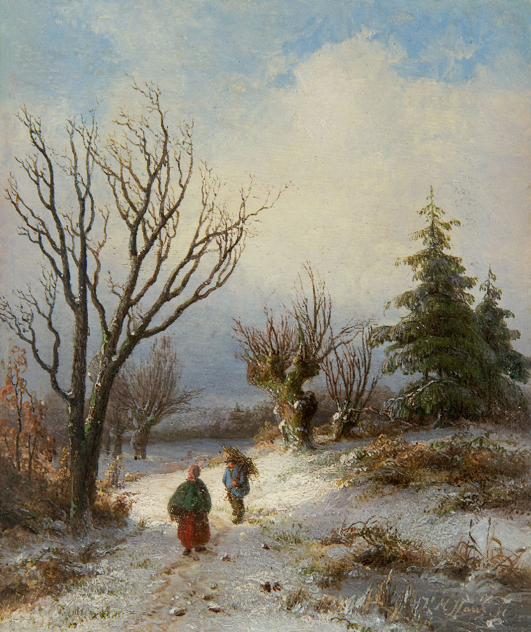 Haus H.M.  | Hendrik Manfried Haus | Paintings offered for sale | Gathering wood on a snowy path, oil on panel 17.7 x 15.1 cm, signed l.r.
