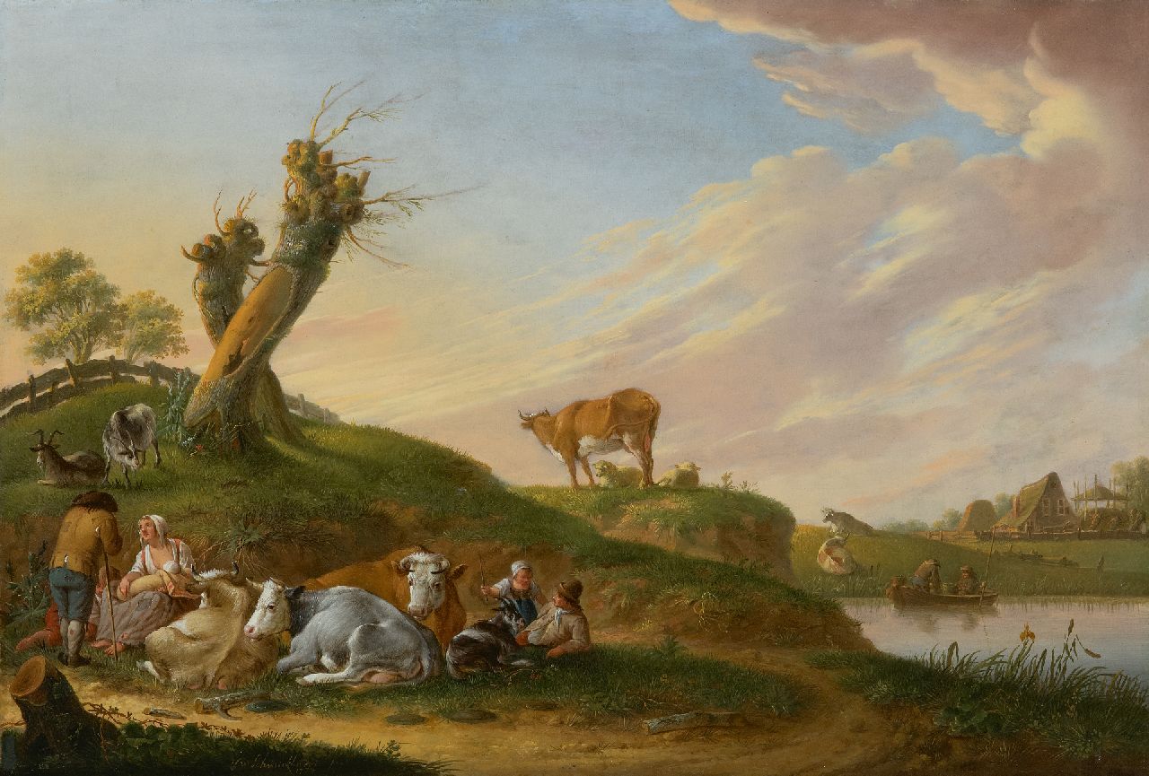 Schweickhardt H.W.  | Heinrich Wilhelm Schweickhardt | Paintings offered for sale | Shepherds with their flock near a river, oil on panel 33.5 x 47.2 cm, signed l.l. and dated 1774