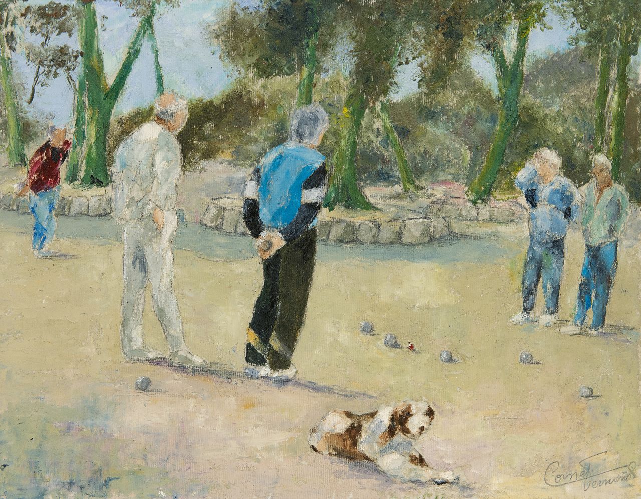 Cornet F.  | Fernand Cornet | Paintings offered for sale | Boules, under the pine trees, Carqueiranne, oil on board on canvas 39.3 x 50.5 cm, signed l.r. and without frame