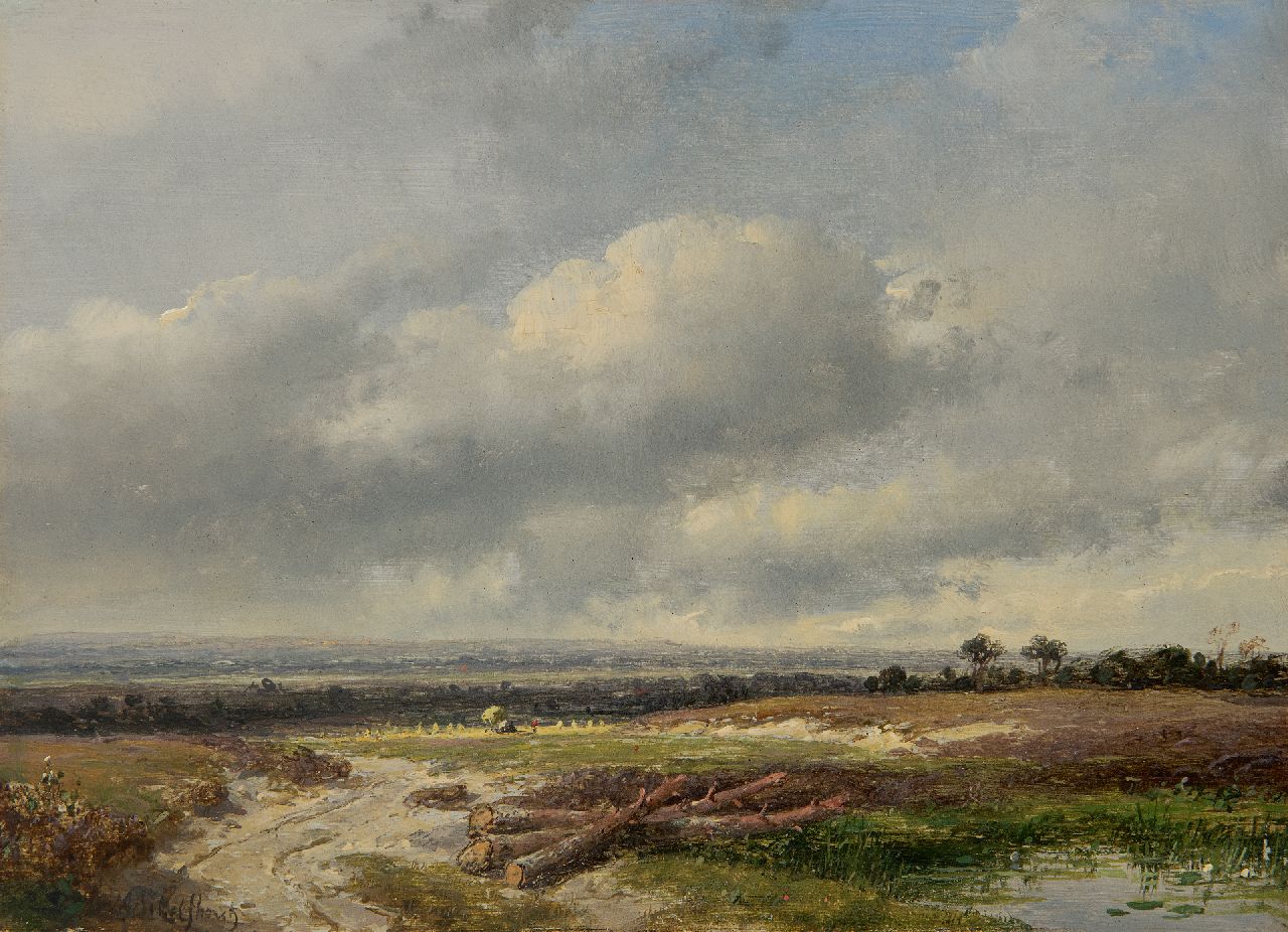 Schelfhout A.  | Andreas Schelfhout | Paintings offered for sale | Panoramic landscape under a Dutch sky, oil on panel 17.8 x 24.0 cm, signed l.l.