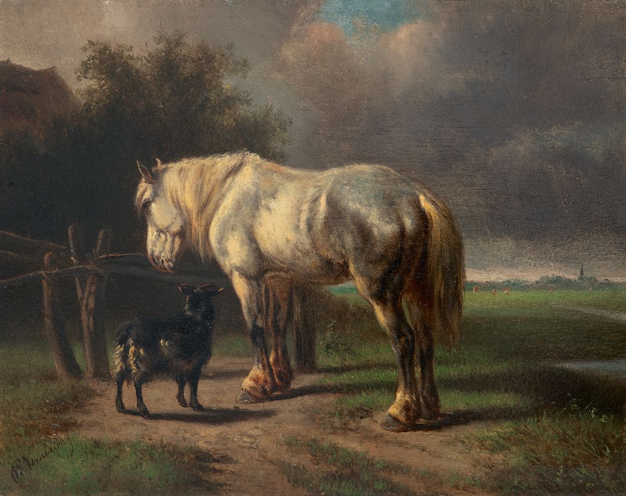 Verschuur W.  | Wouterus Verschuur, Horse and goat near a fence, oil on panel 23.0 x 29.2 cm, signed l.l.