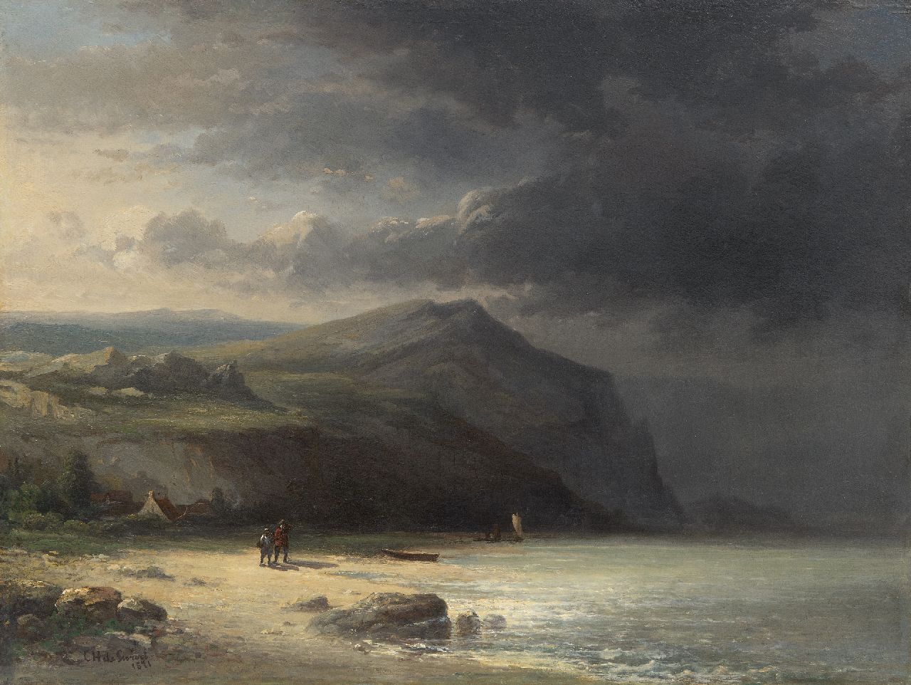 Swart C.H. de | Corstiaan Hendrikus de Swart | Paintings offered for sale | Land folk on the beach with approaching storm, oil on panel 45.3 x 59.7 cm, signed l.l. and dated 1871