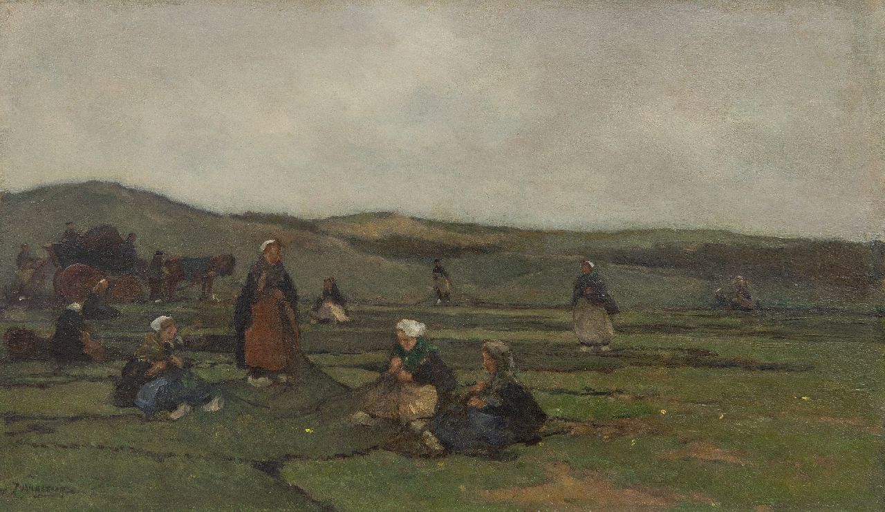 Akkeringa J.E.H.  | 'Johannes Evert' Hendrik Akkeringa | Paintings offered for sale | Mending fishing nets in the dunes, oil on canvas 29.3 x 49.3 cm, signed l.l.