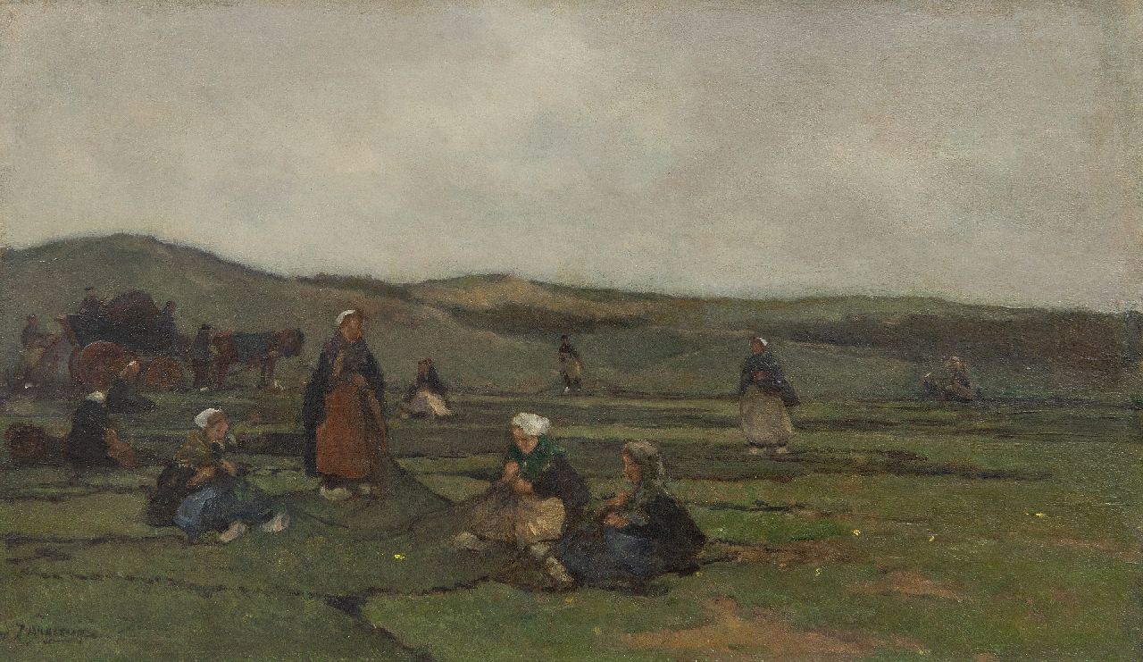 Akkeringa J.E.H.  | 'Johannes Evert' Hendrik Akkeringa, Mending fishing nets in the dunes, oil on canvas 29.3 x 49.3 cm, signed l.l.