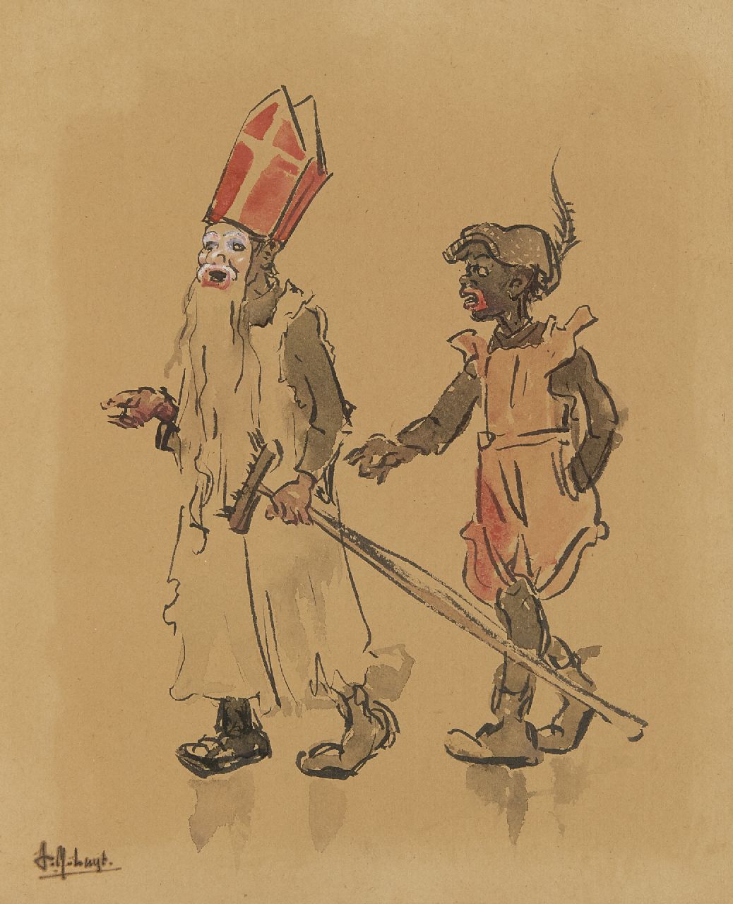 Luijt A.M.  | Arie Martinus 'Thies' Luijt | Watercolours and drawings offered for sale | Saint Nicholas and Peter, watercolour on paper 26.0 x 21.0 cm, signed l.l.