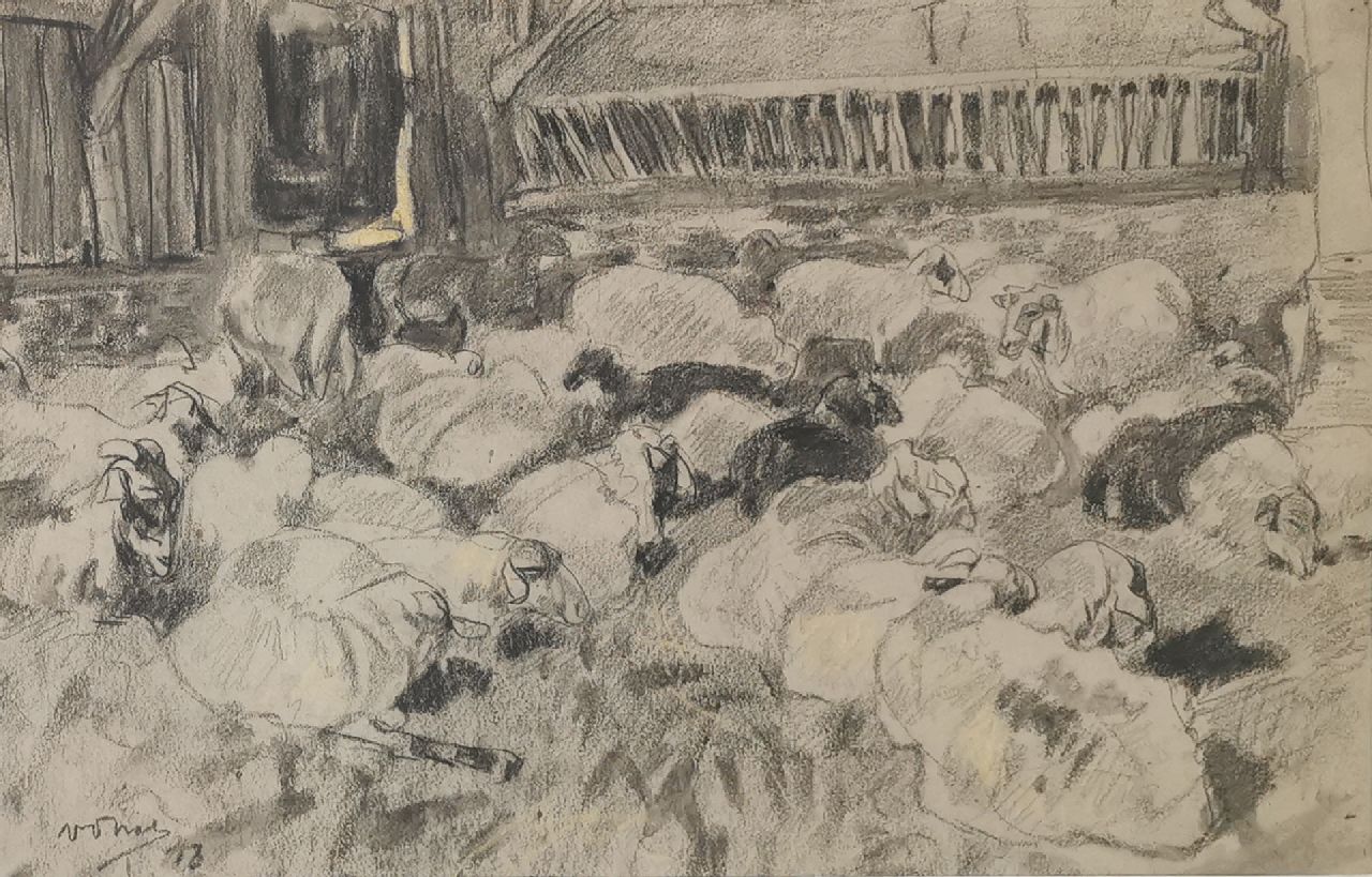 Nat W.H. van der | 'Willem' Hendrik van der Nat, Sheep in a sheepfold, charcoal and chalk on paper 33.0 x 47.5 cm, signed l.l. and dated '18