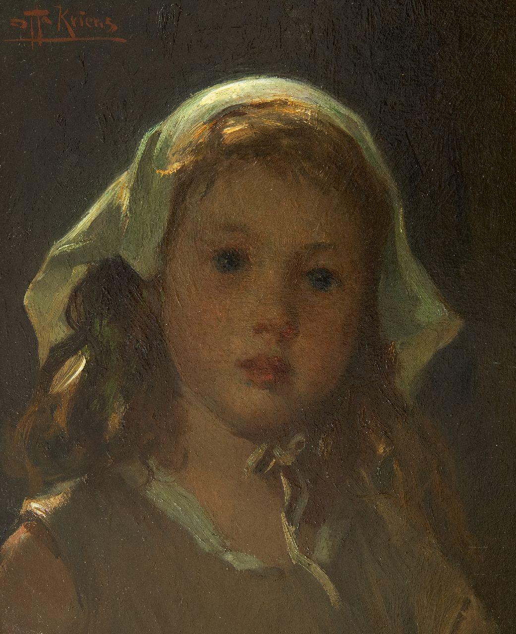 Kriens O.G.A.  | 'Otto' Gustav Adolf Kriens | Paintings offered for sale | Girl's head, oil on panel 33.0 x 27.2 cm, signed u.l.
