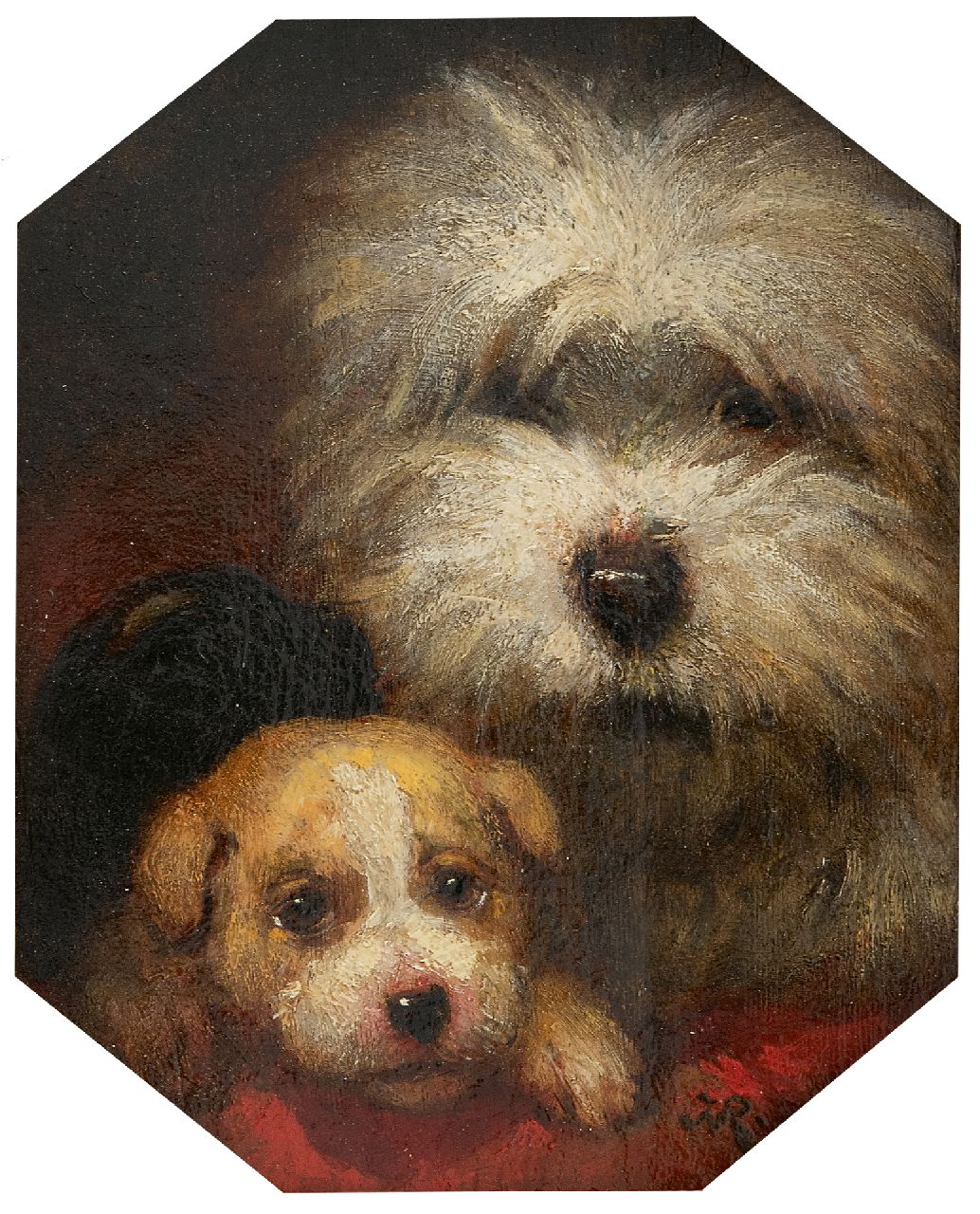 Ronner-Knip H.  | Henriette Ronner-Knip, Two dog heads, oil on panel 20.8 x 17.0 cm, signed l.r. with monogram