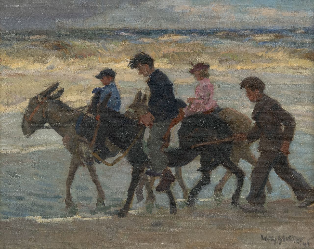 Sluiter J.W.  | Jan Willem 'Willy' Sluiter, Donkey ride on the beach, oil on canvas laid down on panel 40.1 x 50.3 cm, signed l.r. and dated '48