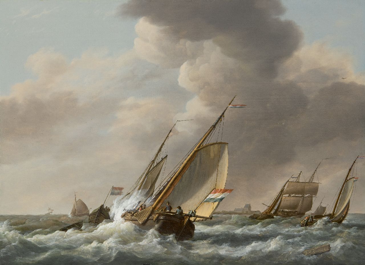 Koekkoek J.H.  | Johannes Hermanus Koekkoek, Sailing ships on rough seas, oil on panel 35.7 x 48.3 cm, signed l.r.