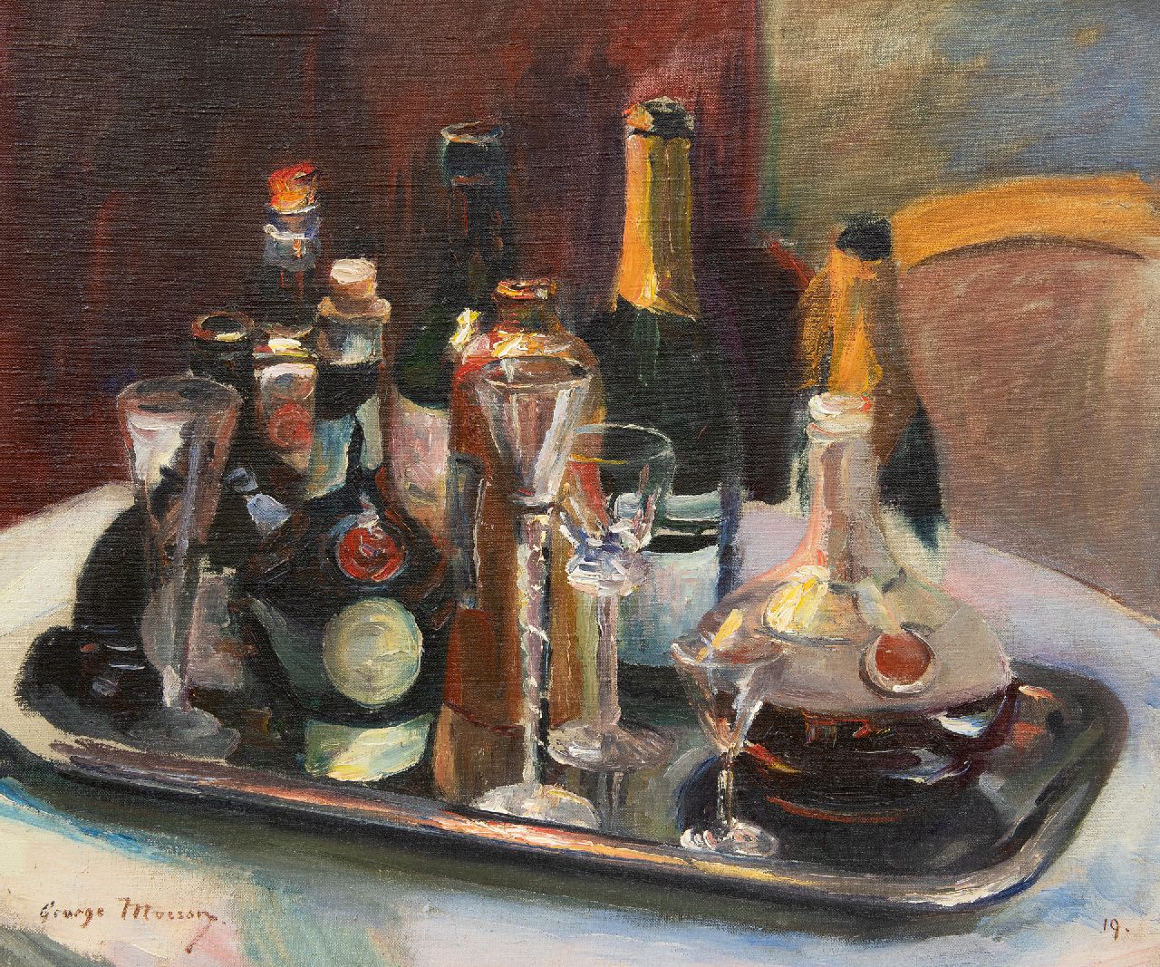 George Mosson | A still life with Dom Bénédictine liqueur, bottles and glasses, oil on canvas, 54.7 x 63.1 cm, signed l.l. and dated '19