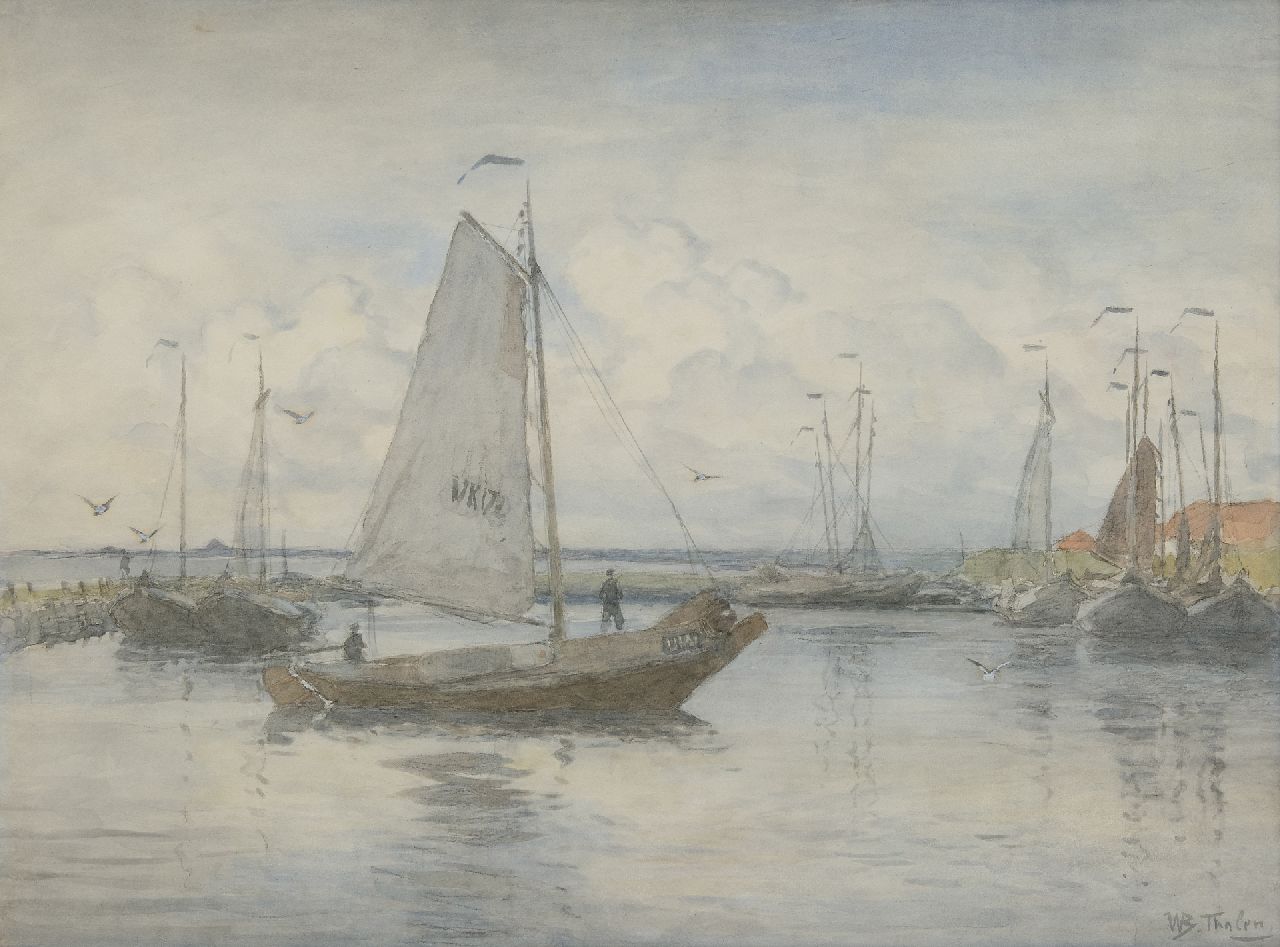 Tholen W.B.  | Willem Bastiaan Tholen | Watercolours and drawings offered for sale | Fishing boat entering the harbour of Urk, watercolour on paper 51.1 x 70.0 cm, signed l.r.