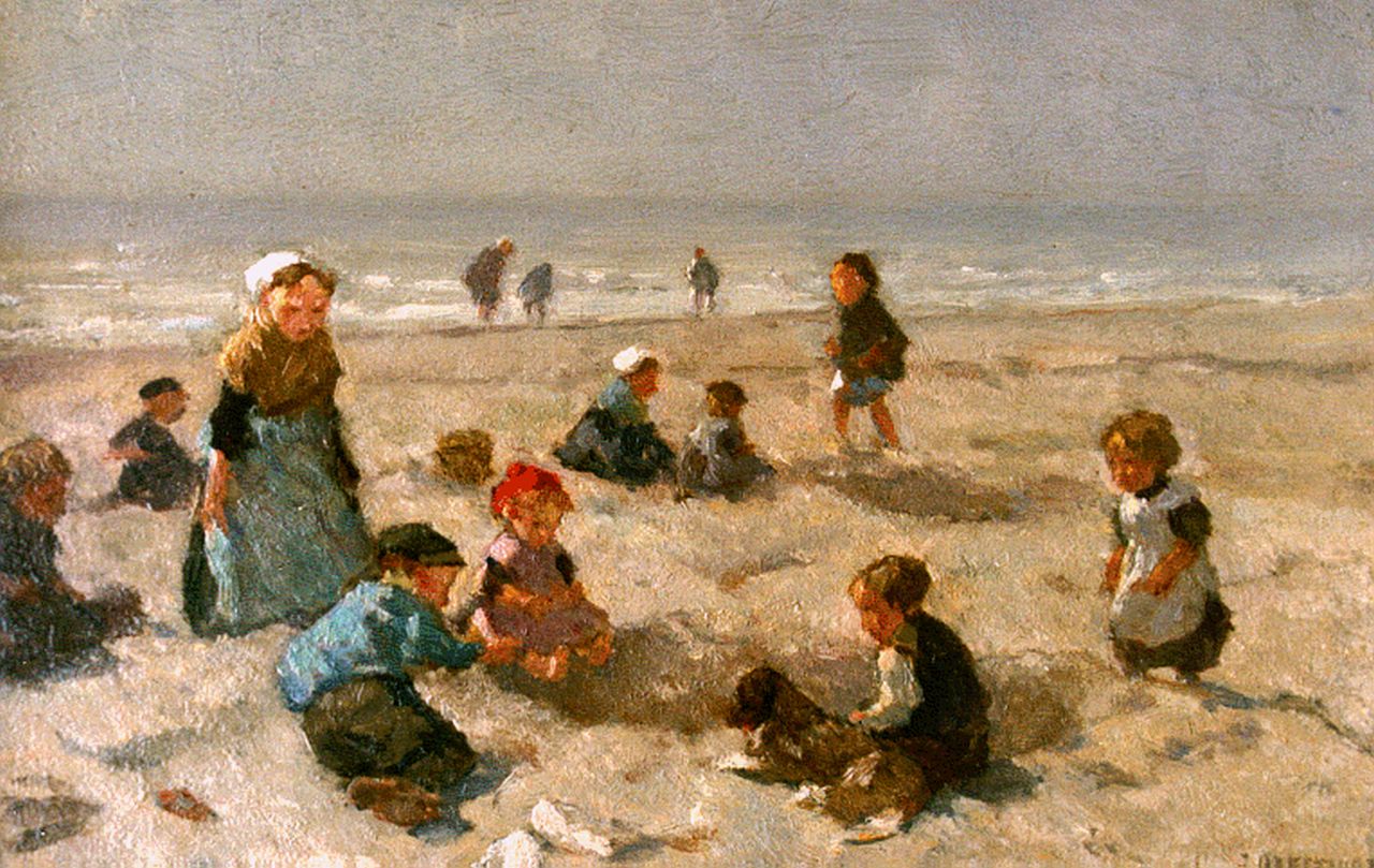 Akkeringa J.E.H.  | 'Johannes Evert' Hendrik Akkeringa, Children playing at the beach, oil on panel 18.0 x 26.8 cm, signed l.r.