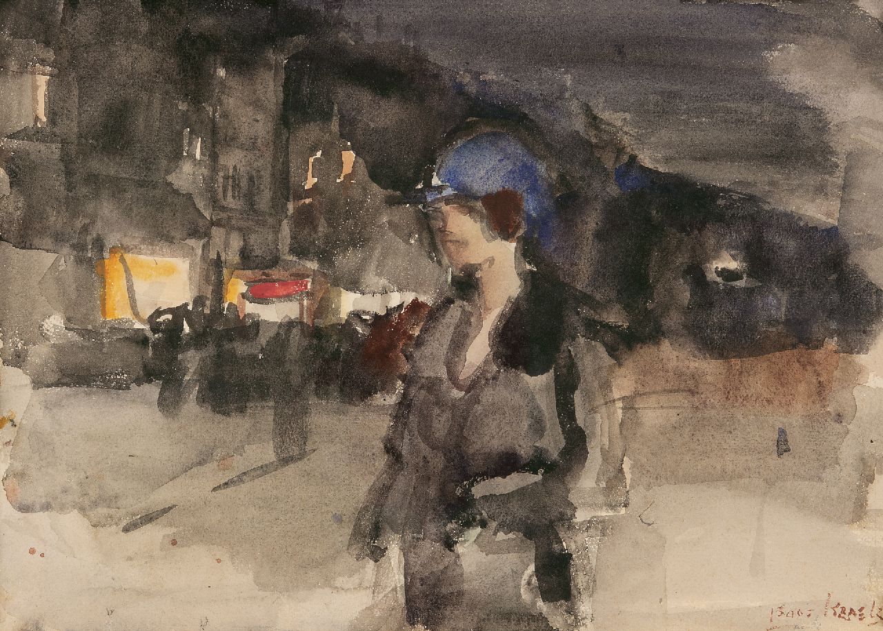 Israels I.L.  | 'Isaac' Lazarus Israels, Woman with a blue hat in Amsterdam shopping district, by night, watercolour on paper 25.5 x 35.4 cm, signed l.r.