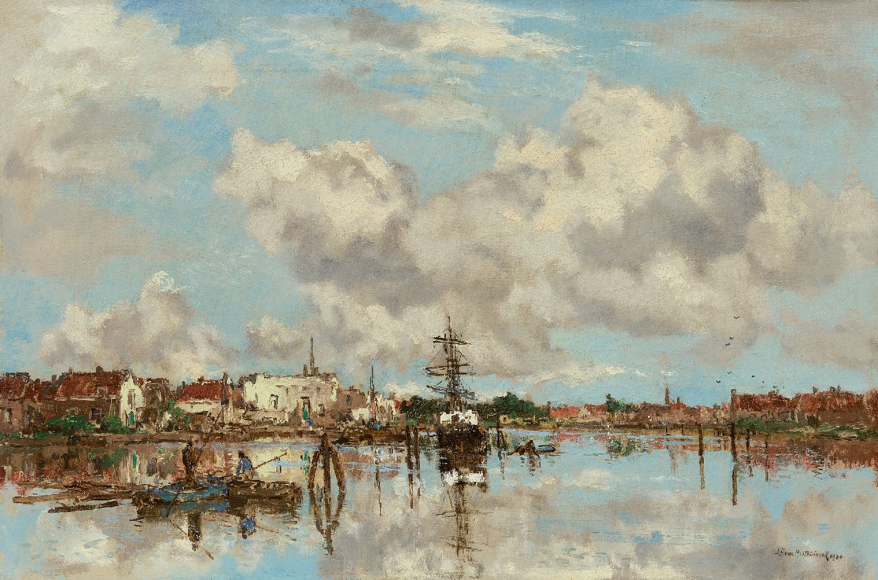 Mastenbroek J.H. van | Johan Hendrik van Mastenbroek, Ships in a Egnlish river harbour, oil on canvas 40.6 x 60.5 cm, signed l.r. and dated 1920