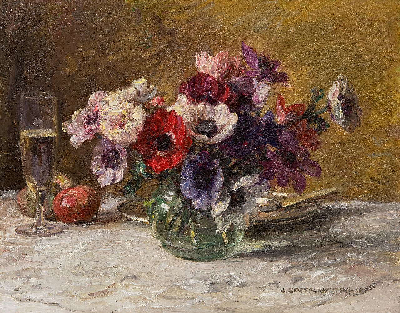 Zoetelief Tromp J.  | Johannes 'Jan' Zoetelief Tromp, Anemones and a champagne glass, oil on canvas 40.5 x 50.5 cm, signed l.r.