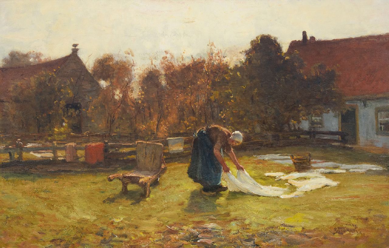 Blommers B.J.  | Bernardus Johannes 'Bernard' Blommers, Bleaching the laundry, oil on canvas 58.7 x 91.6 cm, signed l.r.