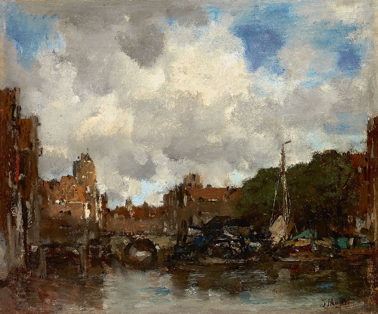 Maris J.H.  | Jacobus Hendricus 'Jacob' Maris | Paintings offered for sale | A Dutch harbour town (Dordrecht), oil on canvas 41.5 x 49.0 cm, signed l.r. and to be dated ca. 1890