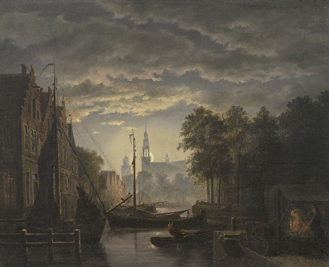 Abels J.Th.  | 'Jacobus' Theodorus Abels, A harbor in a town by moonlight, oil on canvas 33.4 x 40.4 cm