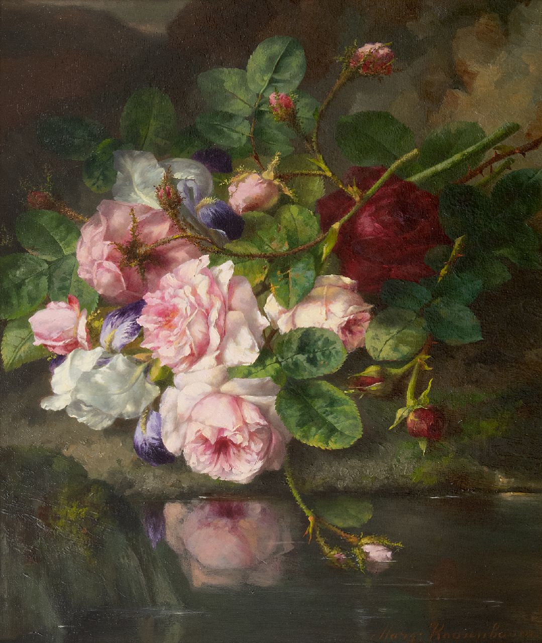 Roosenboom M.C.J.W.H.  | 'Margaretha' Cornelia Johanna Wilhelmina Henriëtta Roosenboom, Roses on a forest floor, oil on panel 45.4 x 37.3 cm, signed l.r.