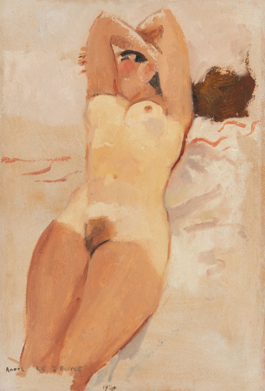 Lejeune R.  | Raoul Lejeune, Sunbathing nude, oil on canvas laid down on panel 50.5 x 34.2 cm, signed l.l. and dated 1934