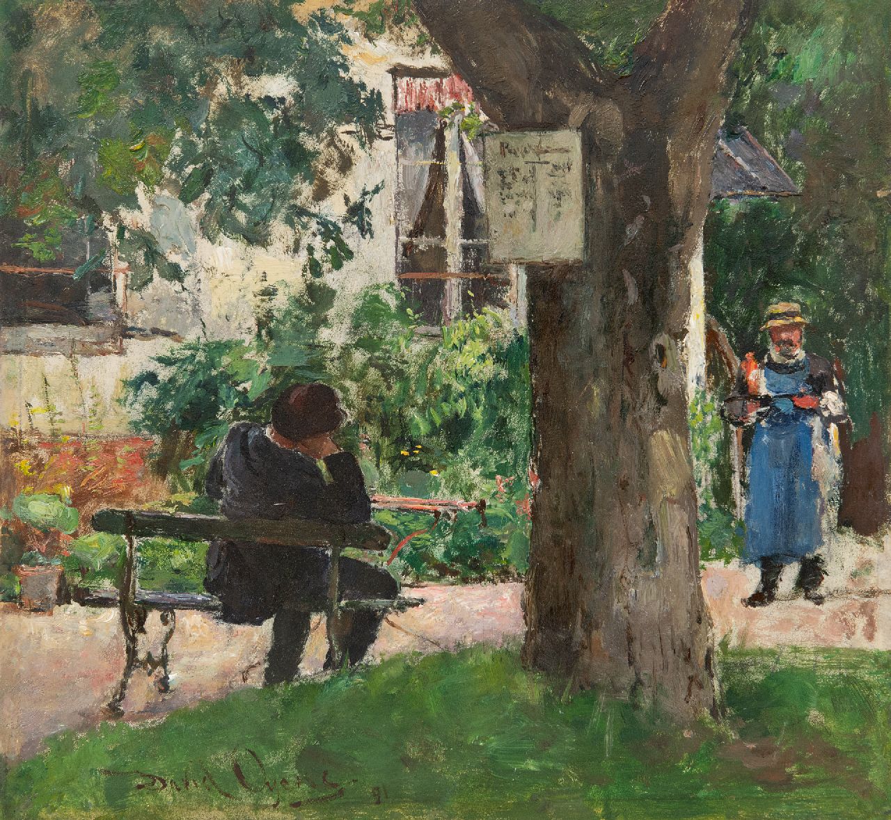 Oyens D.  | David Oyens, Taking a rest at a terrace in a sunny park, oil on panel 26.1 x 28.2 cm, signed l.l. and dated '91