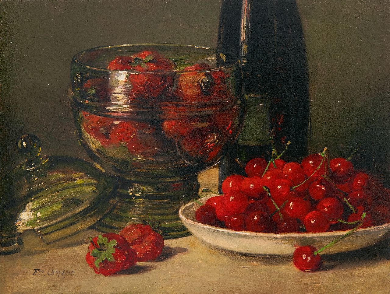 Grips F.  | Frédéric Antoine Marie 'Frits' Grips, Still life with cherries and strawberries in a glass jar, oil on panel 16.0 x 21.1 cm, signed l.l.
