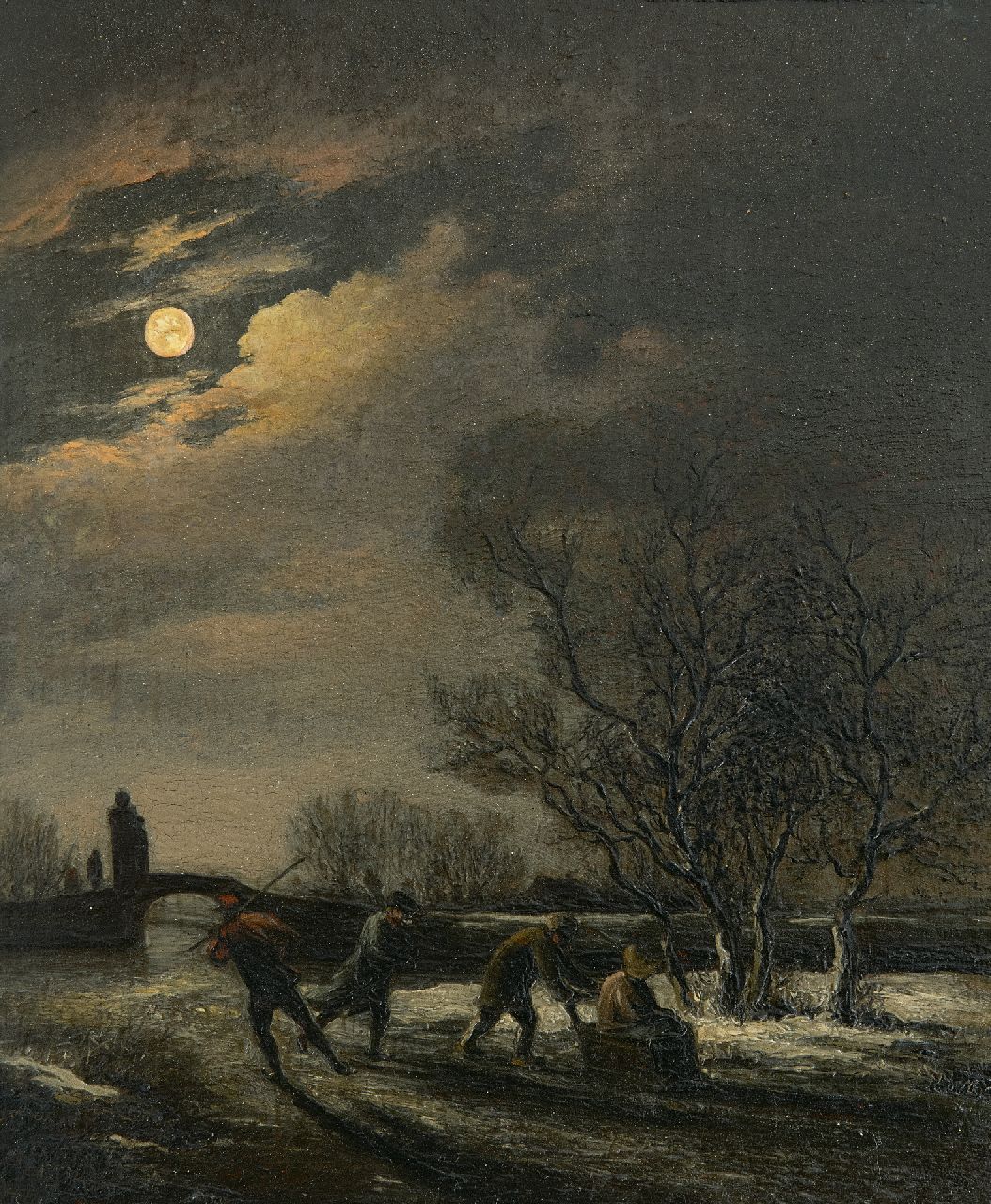 Simon Andreas Krausz | Skaters by moonlight, oil on panel, 21.6 x 18.3 cm