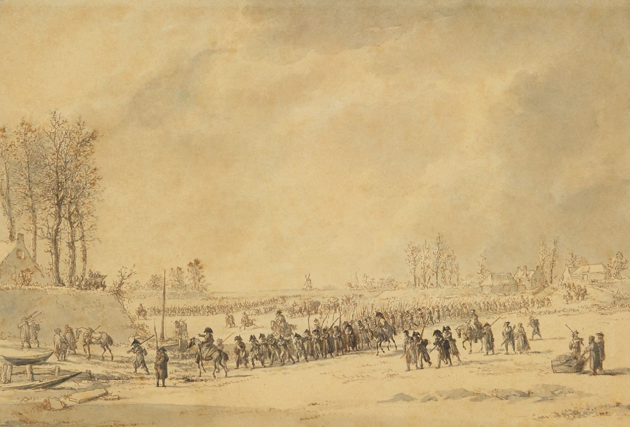 Langendijk D.  | Dirk Langendijk | Watercolours and drawings offered for sale | The crossing of the frozen river Waal by Napoleon's army in 1795, ink on paper 16.1 x 23.8 cm