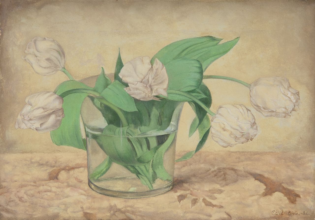 Everbag F.  | Franciscus 'Frans' Everbag | Paintings offered for sale | White tulips in a glass vase, oil on canvas 23.5 x 33.4 cm, signed l.r. and dated '26