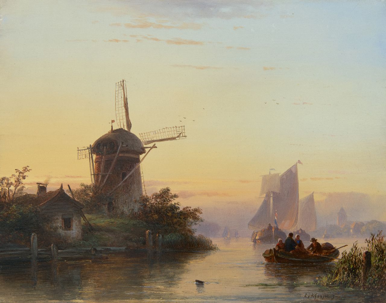 Kleijn L.J.  | Lodewijk Johannes Kleijn, Shipping on a river at sunset, oil on panel 28.7 x 36.5 cm, signed l.r.