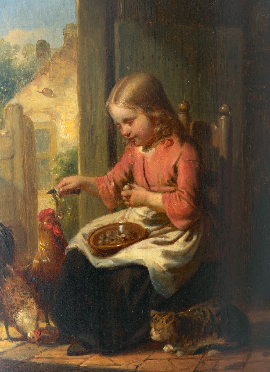 Canta J.A.  | Johannes Antonius Canta, A girl with a cat and chickens, oil on panel 26.0 x 19.0 cm, signed l.l.