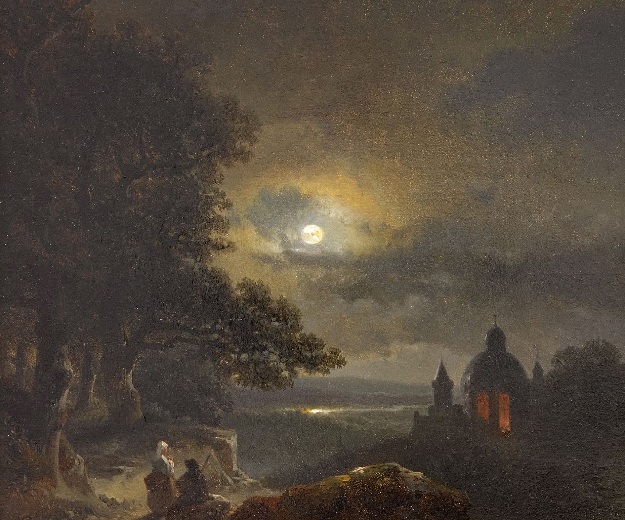 Kuhnen P.L.  | Pierre-Louis Kuhnen | Paintings offered for sale | Young peasant folk looking out over a moonlit river valley, oil on panel 18.1 x 21.3 cm, signed l.l.