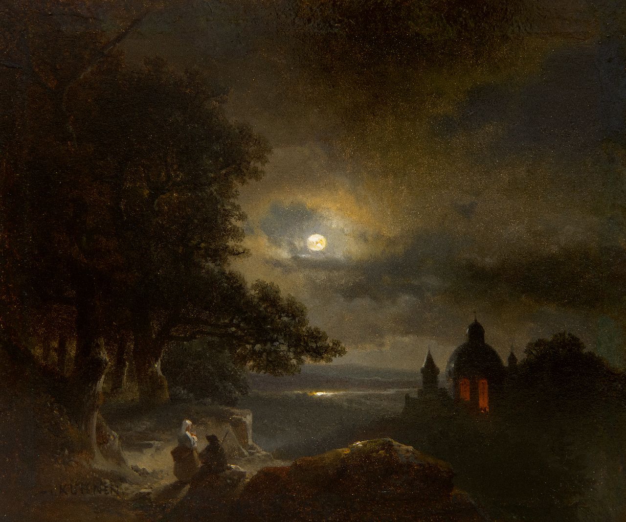 Kuhnen P.L.  | Pierre-Louis Kuhnen | Paintings offered for sale | Young peasant folk looking out over a moonlit river valley, oil on panel 18.1 x 21.3 cm, signed l.l.