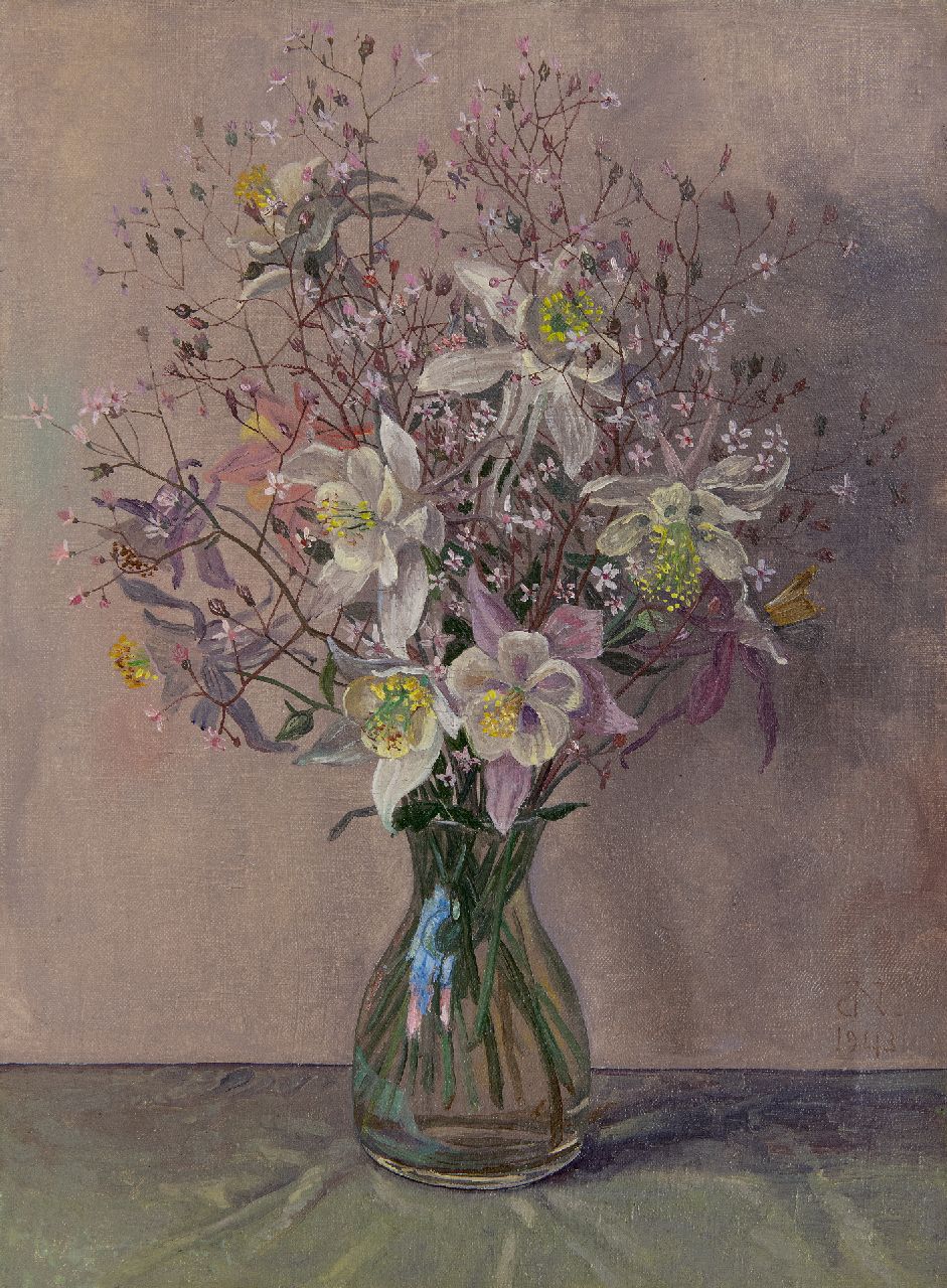 Nieweg J.  | Jakob Nieweg, Flowers in a glass vase, oil on canvas 40.3 x 30.4 cm, signed l.r. with monogram and dated 1943