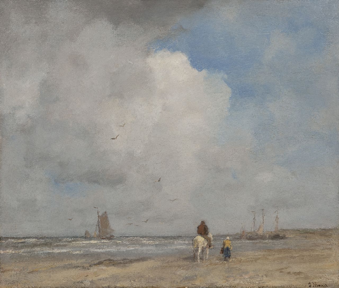 Maris J.H.  | Jacobus Hendricus 'Jacob' Maris, Boats and fishermen on the beach, oil on canvas 46.8 x 55.5 cm, signed l.r. and 1890-1895