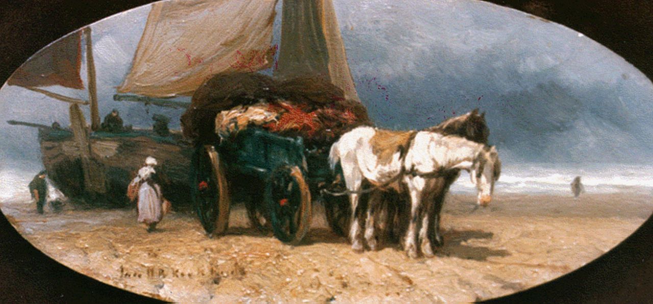 Koekkoek J.H.B.  | Johannes Hermanus Barend 'Jan H.B.' Koekkoek, Unloading the catch, oil on panel, oval 12.0 x 24.3 cm, signed l.l.