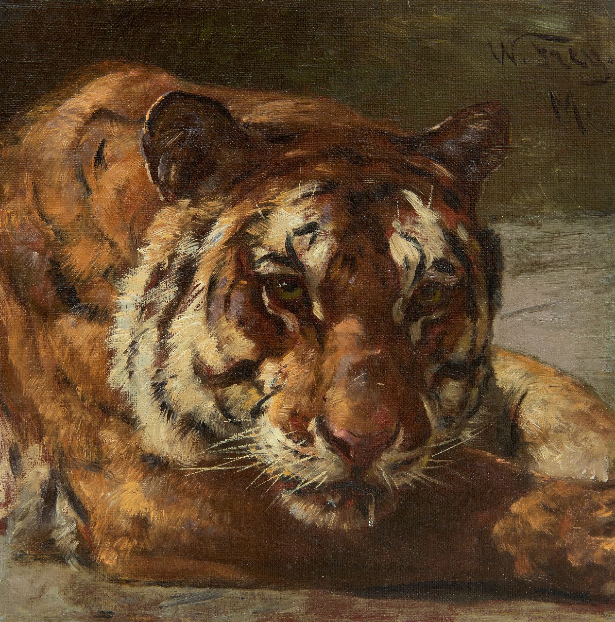 Frey W.  | Wilhelm Frey | Paintings offered for sale | Tiger in Artis, oil on canvas laid down on board 25.0 x 24.9 cm, signed u.r.