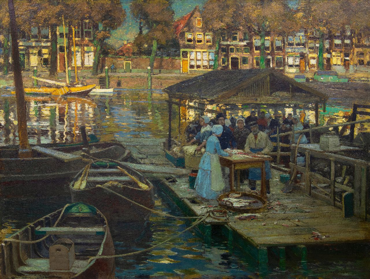 Hermanns H.  | Heinrich Hermanns, A view of the Fish market in the Nieuwe Haven, Dordrecht, oil on canvas 100.5 x 131.6 cm, signed l.r.