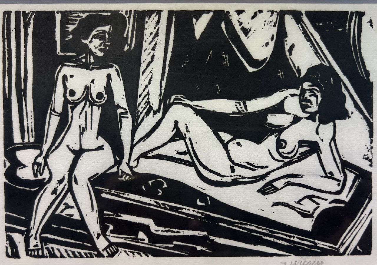 Wiegers J.  | Jan Wiegers | Prints and Multiples offered for sale | Two naked ladies, woodcut 12.3 x 19.0 cm, signed l.r. (in pencil)