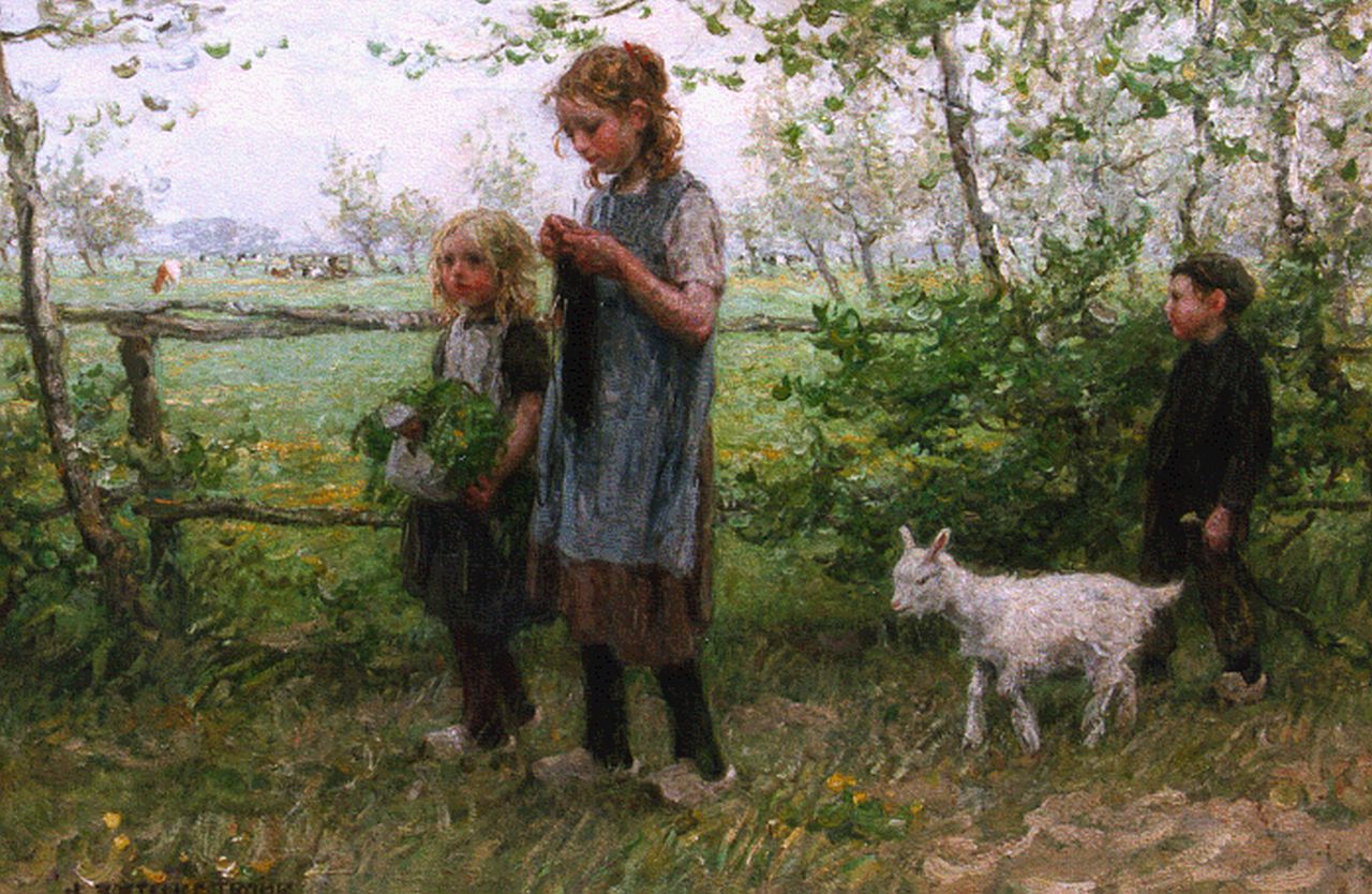 Zoetelief Tromp J.  | Johannes 'Jan' Zoetelief Tromp, Children and a goat, Blaricum, oil on canvas 69.0 x 95.0 cm, signed l.l.