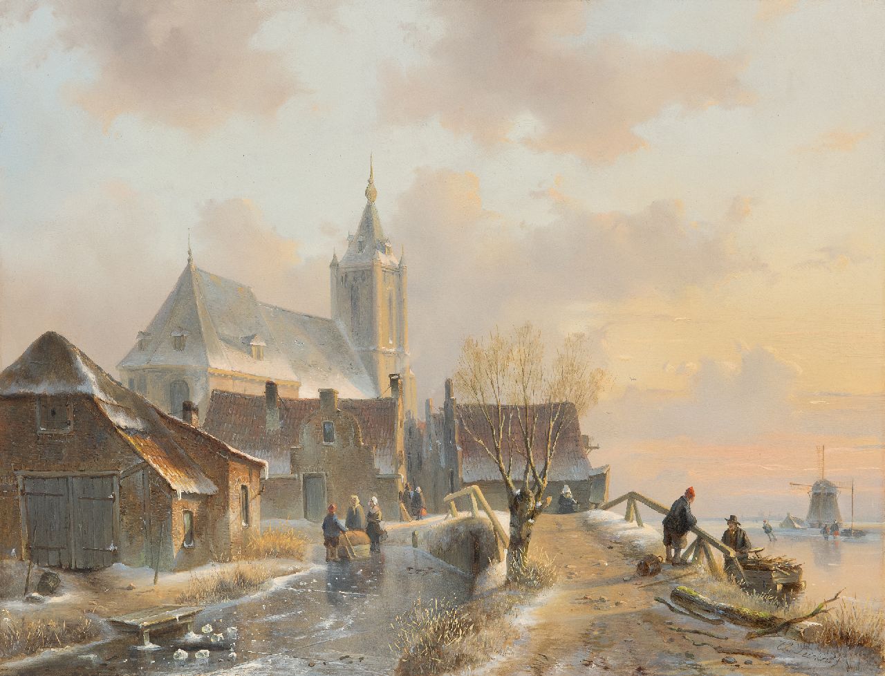 Leickert C.H.J.  | 'Charles' Henri Joseph Leickert, A snowy village view with skaters, oil on panel 37.5 x 49.7 cm, signed l.r. and painted ca. 1845