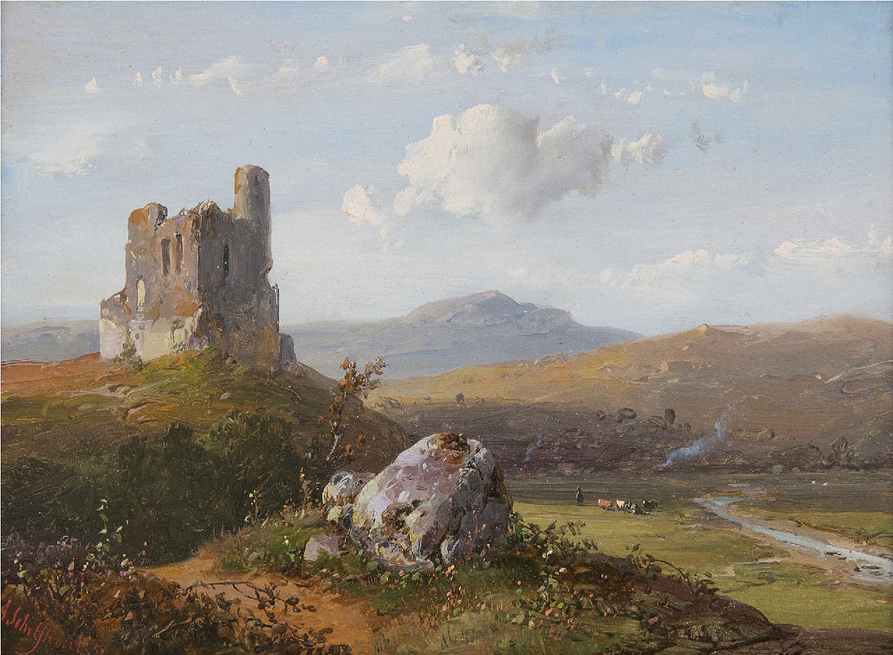 Schelfhout A.  | Andreas Schelfhout | Paintings offered for sale | Panoramic landscape with a ruin, oil on panel 14.8 x 21.1 cm, signed l.l. and dated '50
