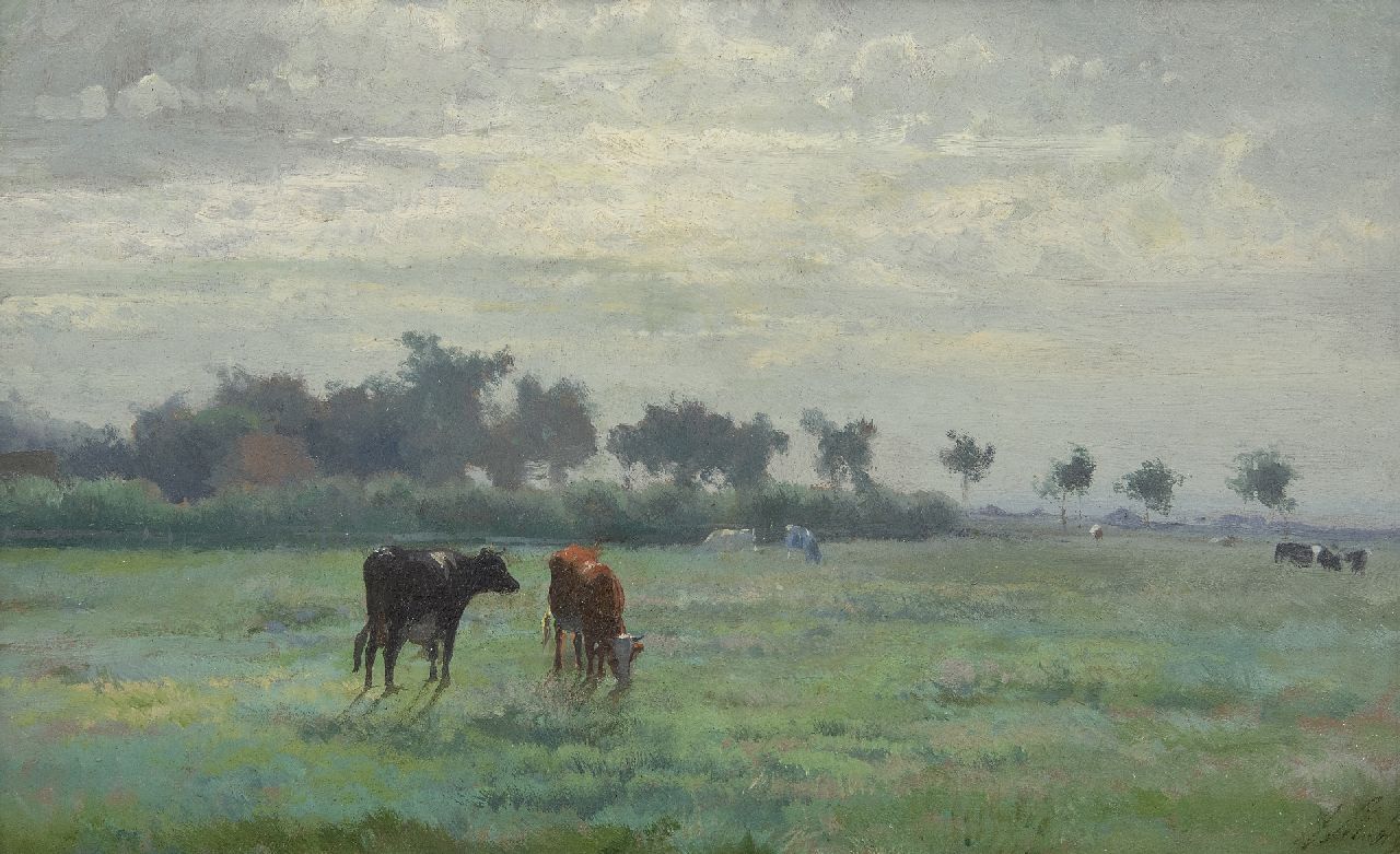 Mauve A.  | Anthonij 'Anton' Mauve | Paintings offered for sale | Cows in a meadow, oil on paper laid down on panel 24.7 x 40.1 cm, signed l.r. with initials and painted ca. 1870