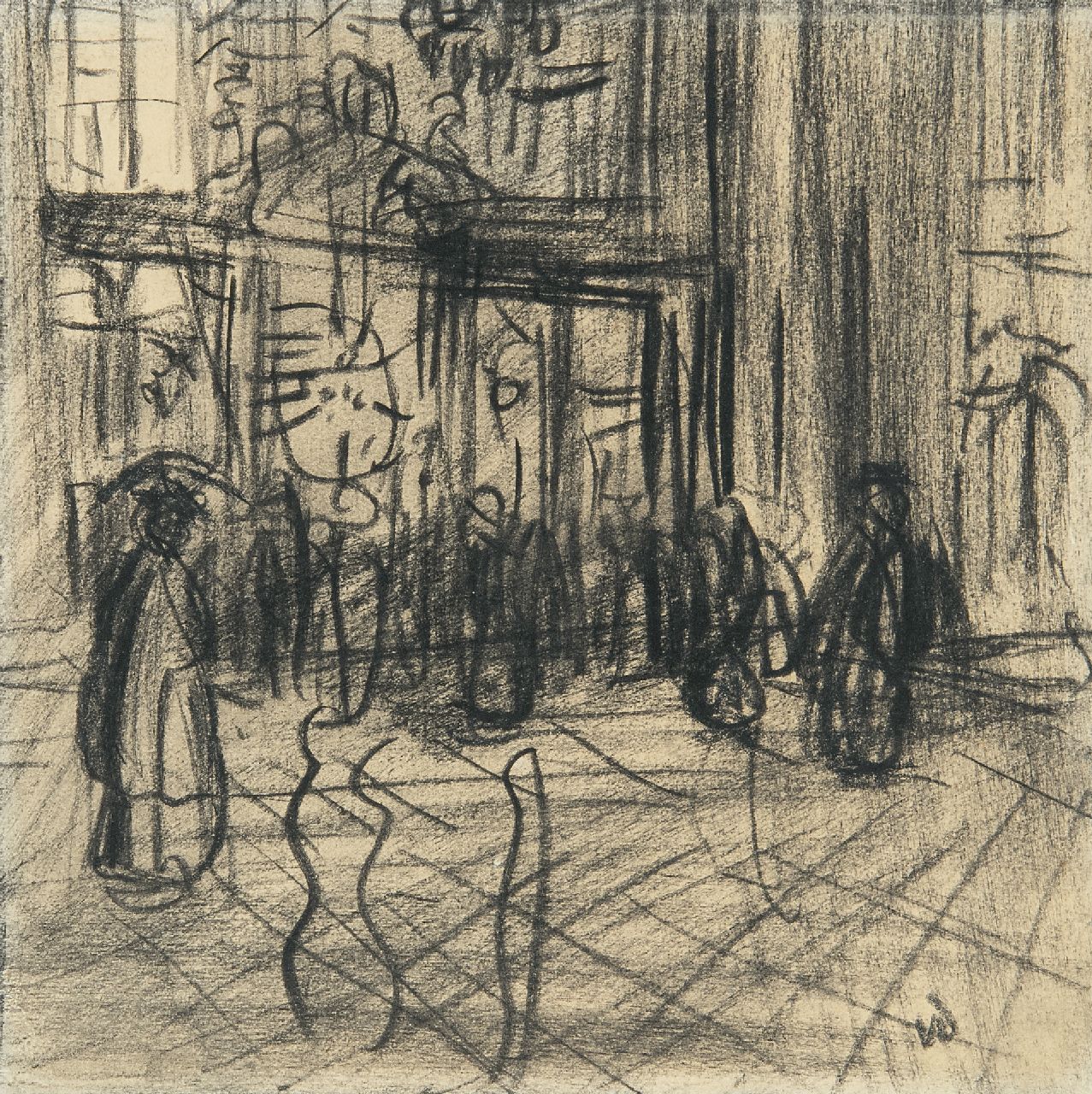 Dongen C.T.M. van | Cornelis Theodorus Maria 'Kees' van Dongen | Watercolours and drawings offered for sale | Figures in a shopping street, charcoal on paper 12.4 x 12.4 cm, signed l.r. with initials