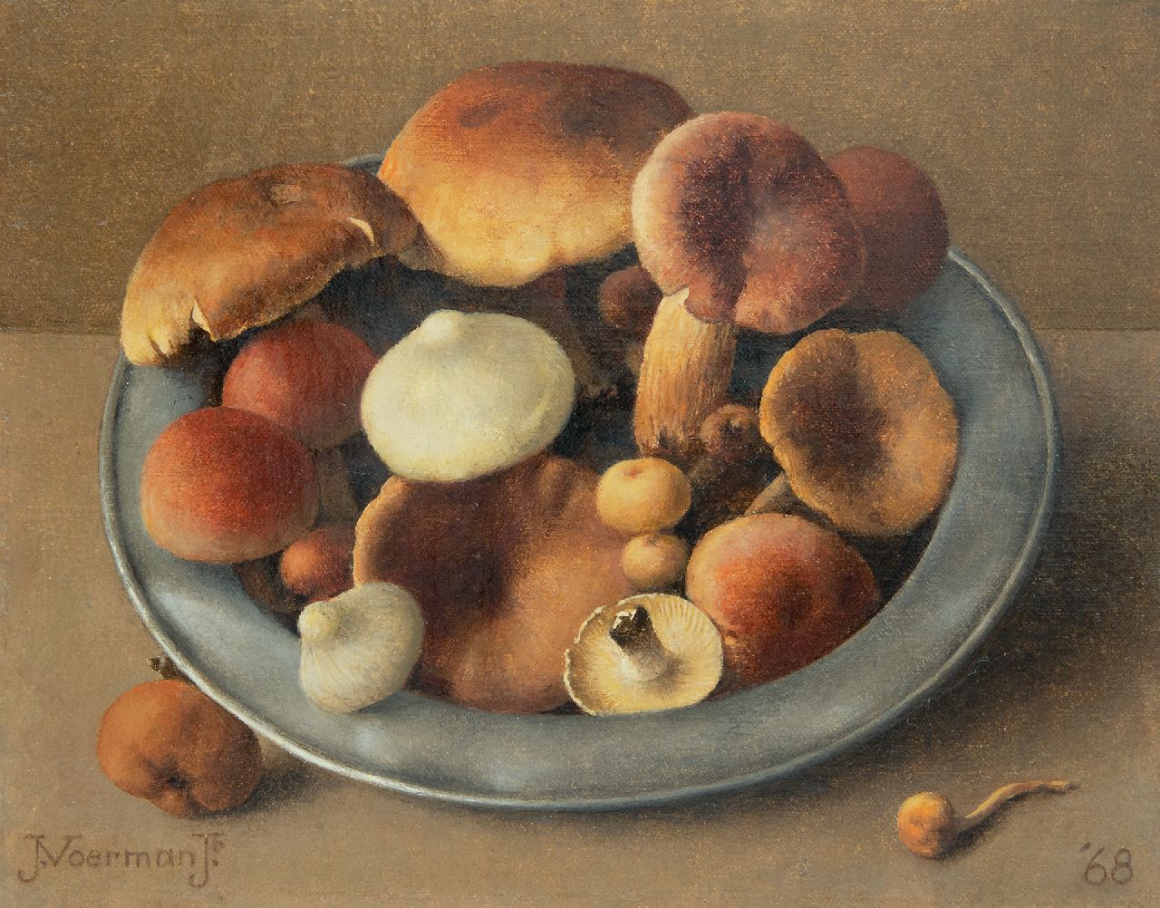 Voerman jr. J.  | Jan Voerman jr. | Paintings offered for sale | A pewter bowl with mushrooms, oil on canvas laid down on board 19.2 x 24.4 cm, signed l.l. and dated '68
