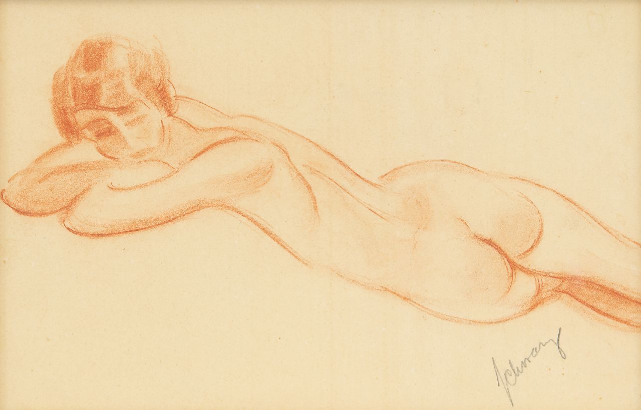 Schwarz S.  | Samuel 'Mommie' Schwarz | Watercolours and drawings offered for sale | Reclining nude, red chalk on paper 17.8 x 25.3 cm, signed l.r.
